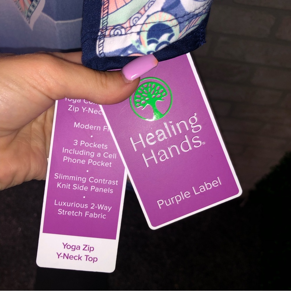 Healing Hands Purple Label Yoga Zip V-Neck blue butterfly pattern scrub top - Picture 7 of 10